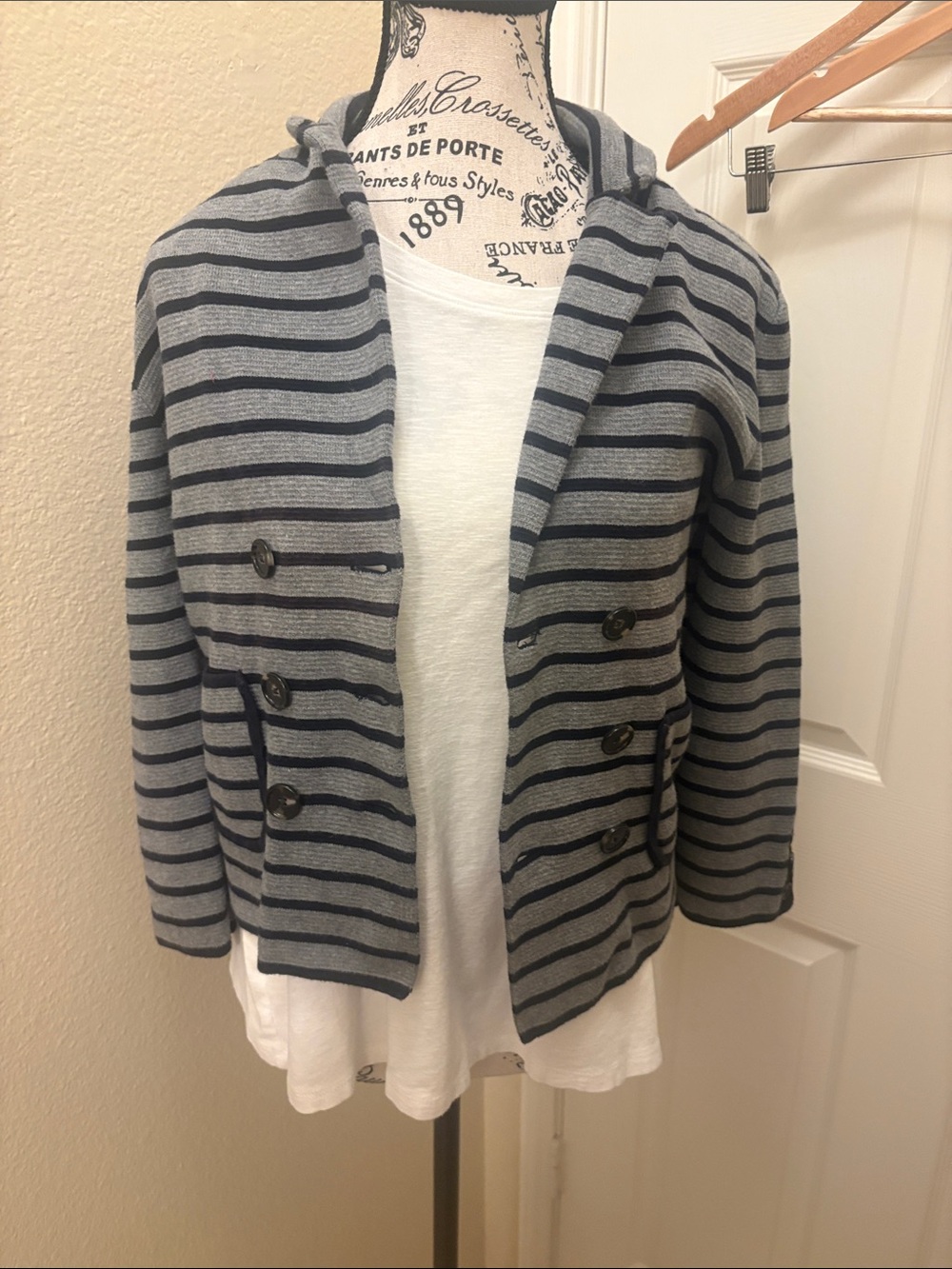 LOFT Gray and Navy Striped Hooded Double-Breasted Blazer A109